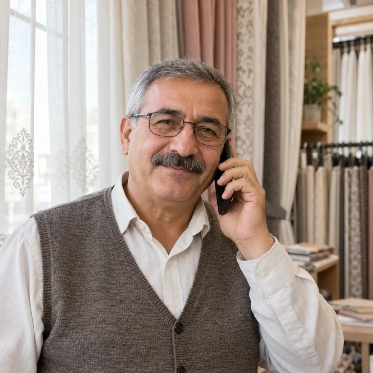 Perde mağazasında telefonla görüşen işletmeci — yapay zekâ ile oluşturulmuş temsili görsel